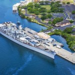 Aerial View of the USS Missouri Battleship in Pearl Harbor
